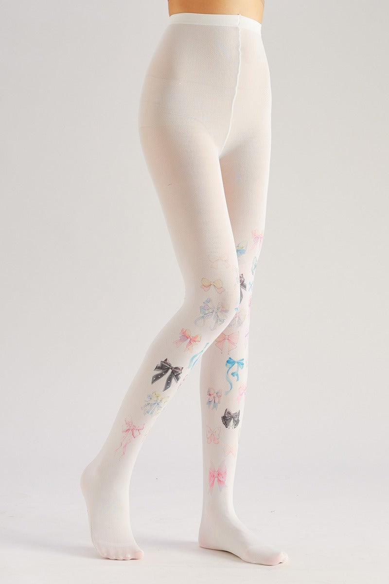 White Bow Tights with high elasticity and shaping fit, suitable for events, cosplay, street style, and gifting girls at Christmas