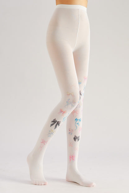 White Bow Tights with high elasticity and shaping fit, suitable for events, cosplay, street style, and gifting girls at Christmas