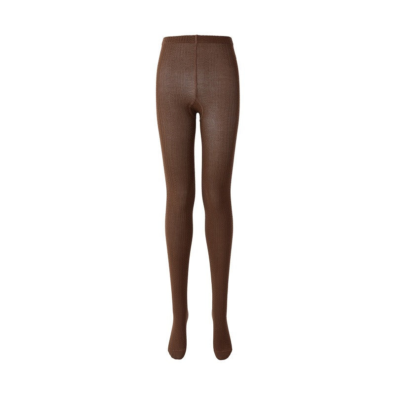 Women's knitted wool-blend tights in coffee, flat lay front view