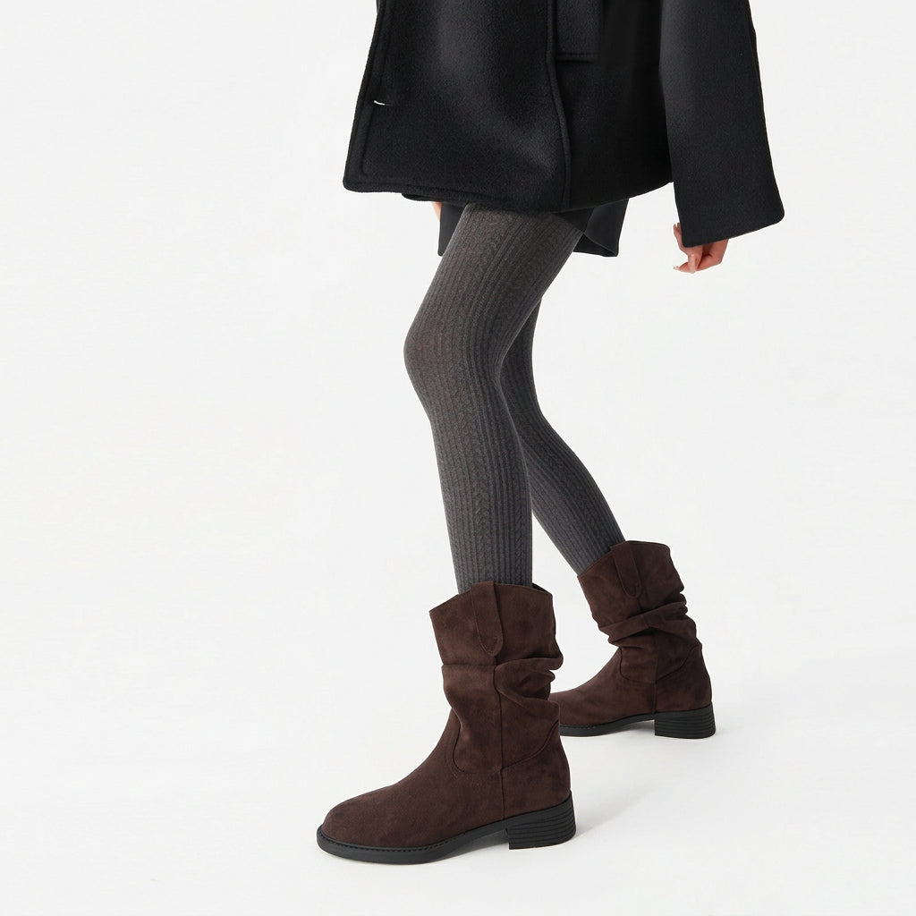Women's knitted wool-blend tights in grey, worn with brown slouch ankle boots