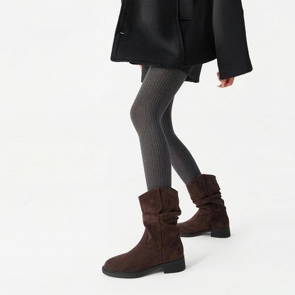 Women's knitted wool-blend tights in grey, worn with brown slouch ankle boots