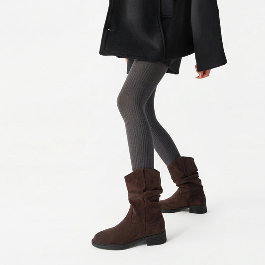 Women's knitted wool-blend tights in grey, worn with brown slouch ankle boots