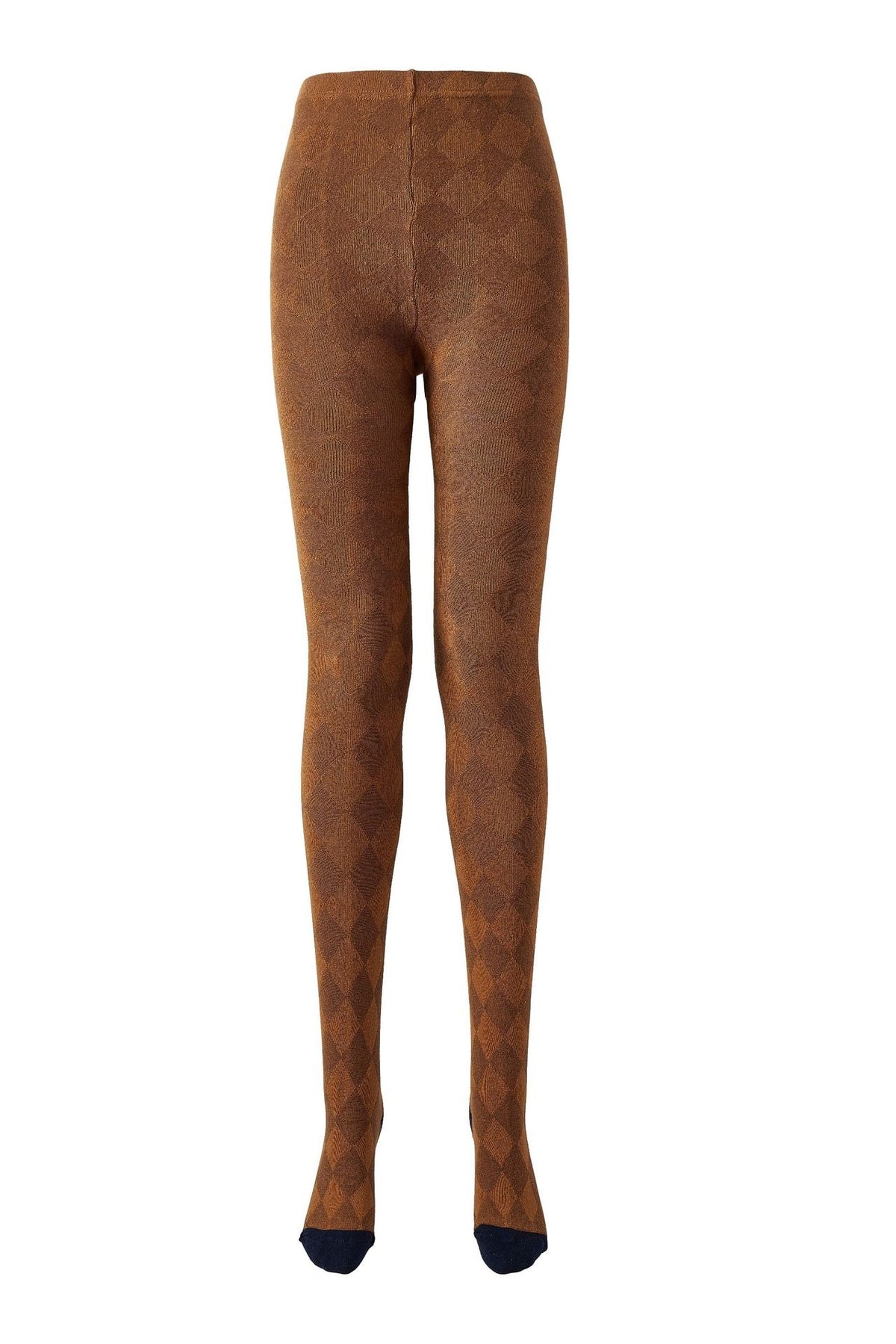 Women's tartan thermal tights in brown with navy toes, flat lay front view