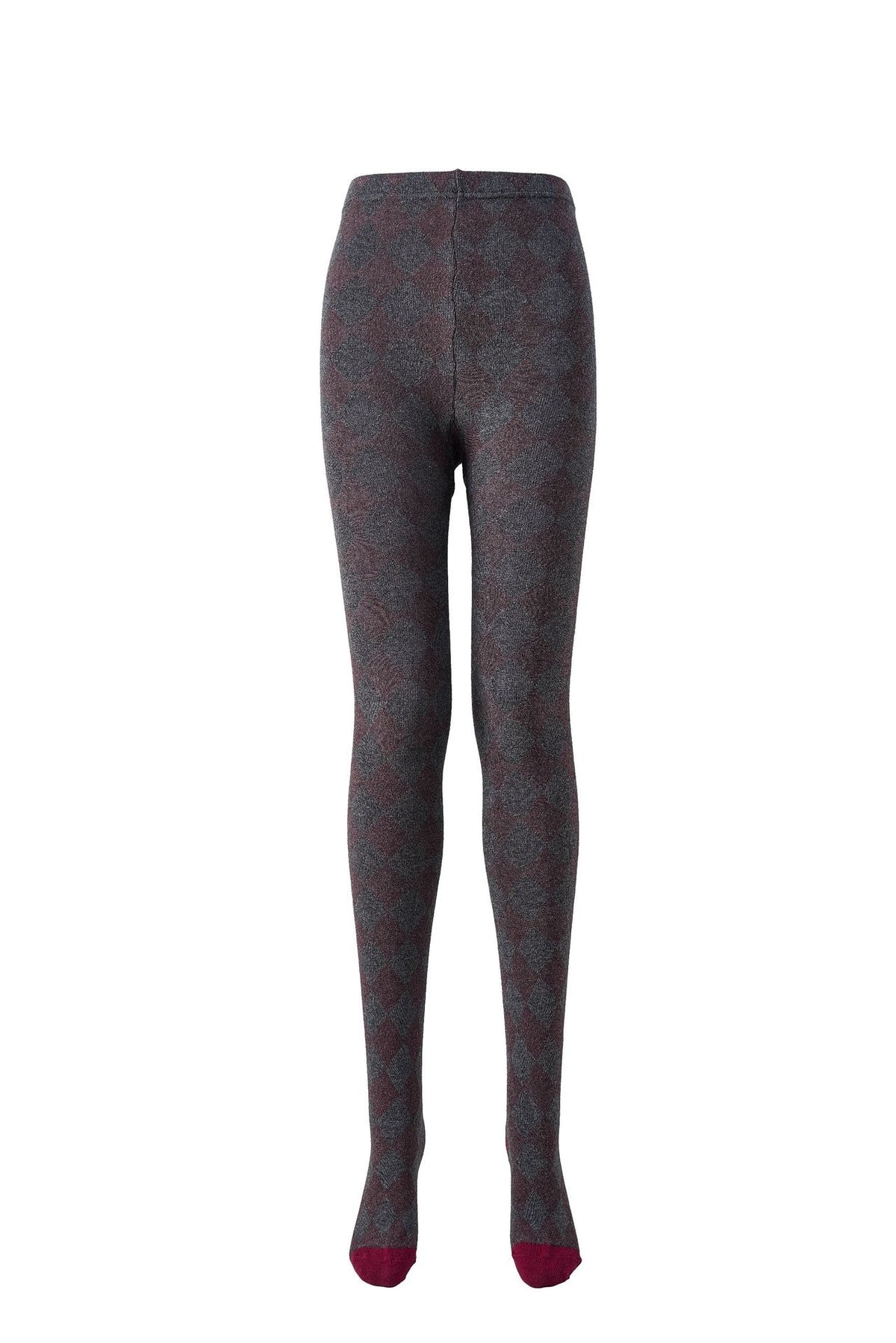 Women's tartan thermal tights in grey with burgundy toes, flat lay front view
