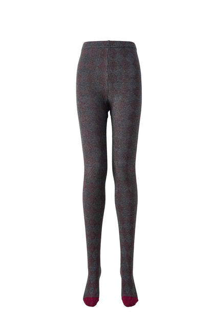Women's tartan thermal tights in grey with burgundy toes, flat lay front view