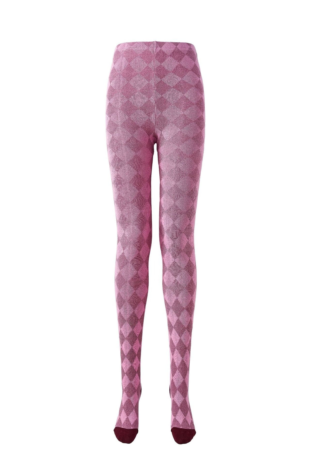 Women's tartan thermal tights in pink with burgundy toes, flat lay front view