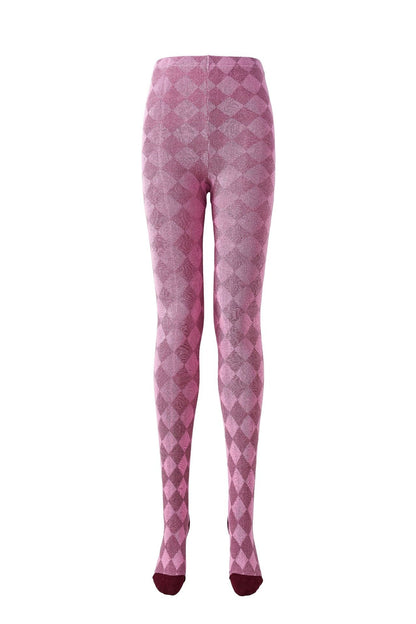 Women's tartan thermal tights in pink with burgundy toes, flat lay front view